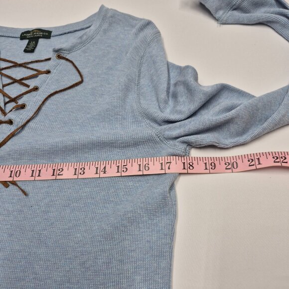 Lauren Jeans Co Waffle Knit Light Blue Lace-Up Long Sleeve Top Women's Sz Large - Picture 9 of 11